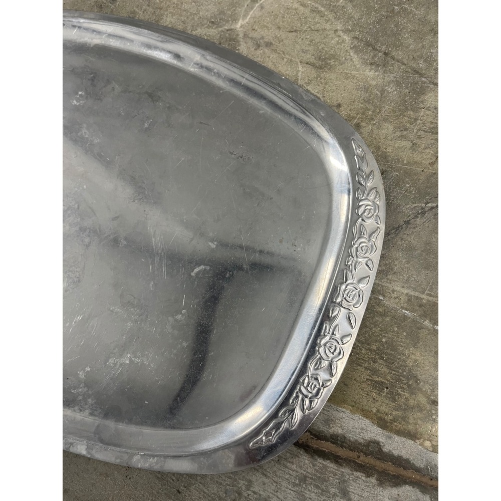 Vintage Silver Tone Oval Serving Tray Embossed Rose Floral Border Large Platter
